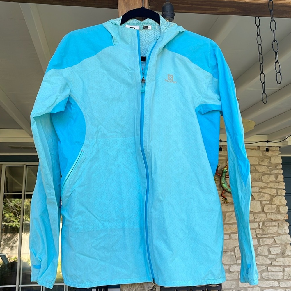 Salomon CLIMAPRO blue women’s running rain jacket with hood - medium